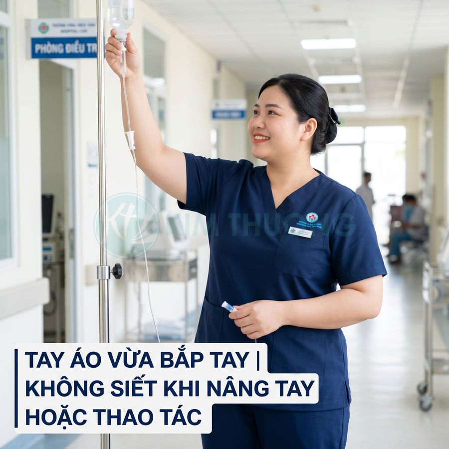 Đồng phục y tá màu xanh navy tay ngắn thoải mái khi nâng tay và thao tác trong bệnh viện