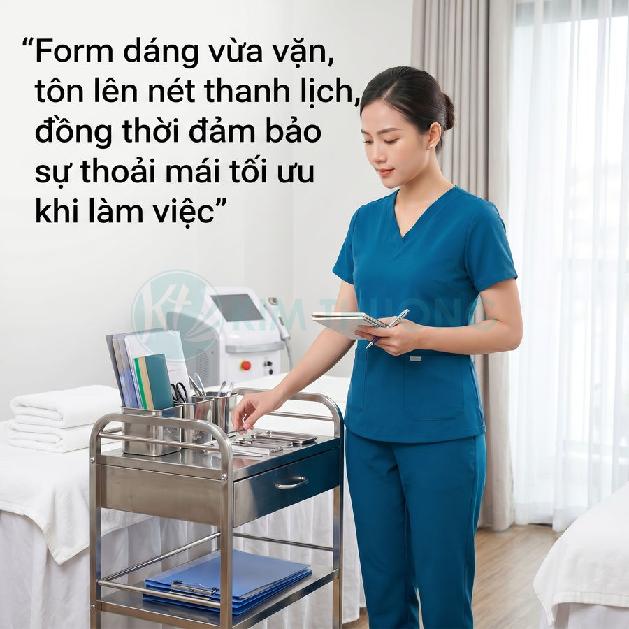 Đồng phục y tá màu xanh dương dáng ôm vừa vặn, chất liệu thoải mái khi làm việc trong phòng khám spa