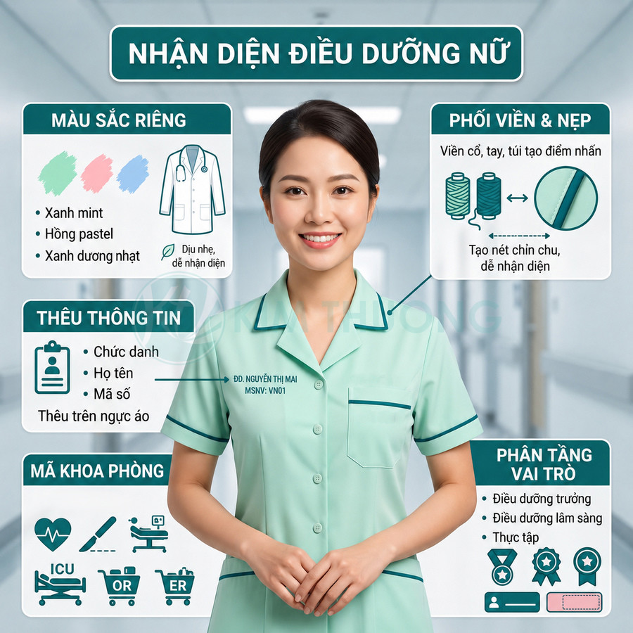 Đồng phục điều dưỡng nữ màu xanh mint viền xanh đậm, cổ bẻ, cộc tay, có thêu tên và mã số trên ngực áo