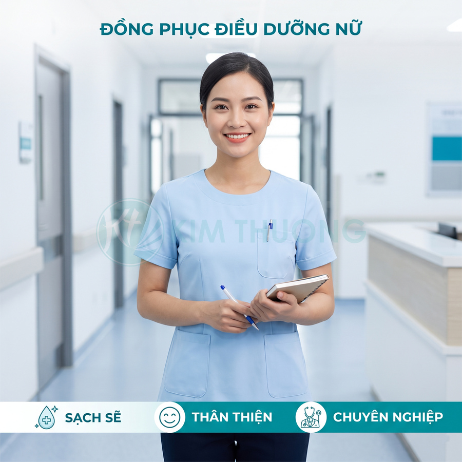 Đồng phục điều dưỡng nữ màu xanh nhạt tay ngắn, thiết kế đơn giản chuyên nghiệp trong bệnh viện