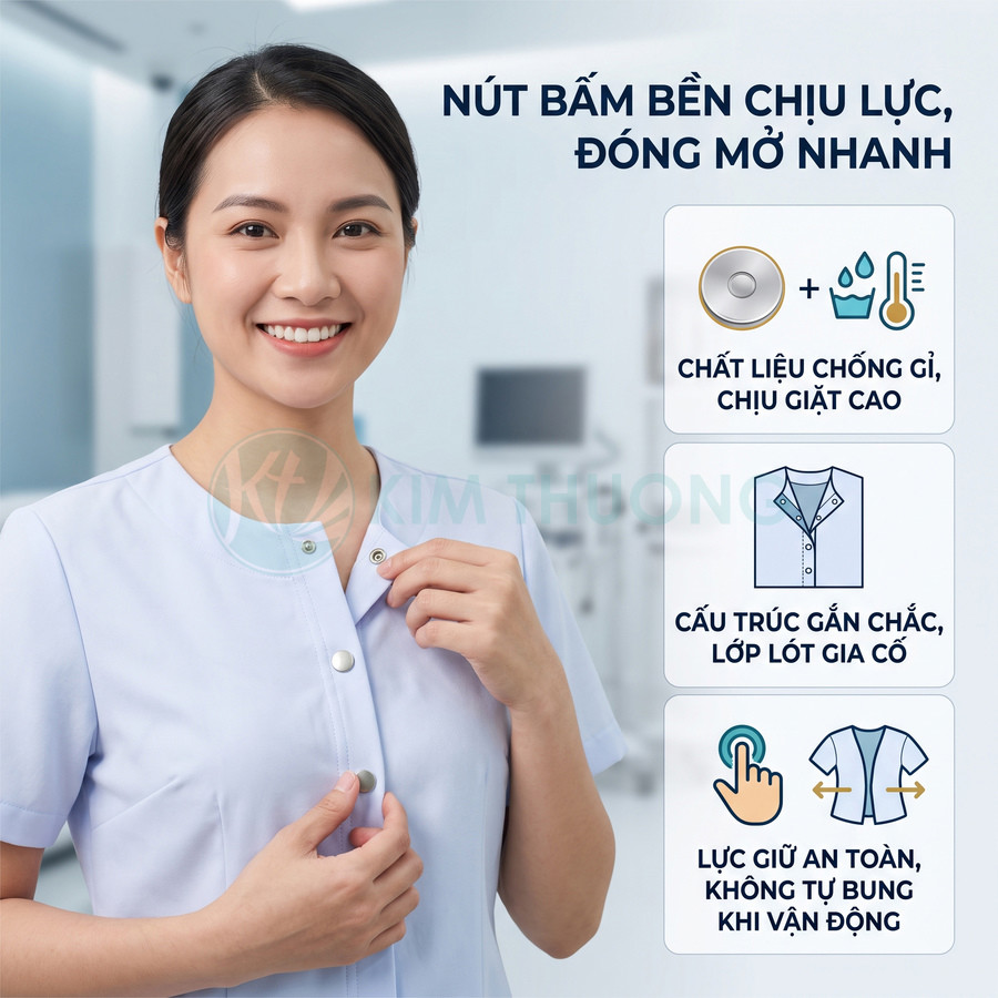 Đồng phục y tá cúc bấm kim loại chống gỉ, thiết kế chắc chắn, dễ đóng mở, không tự bung khi vận động