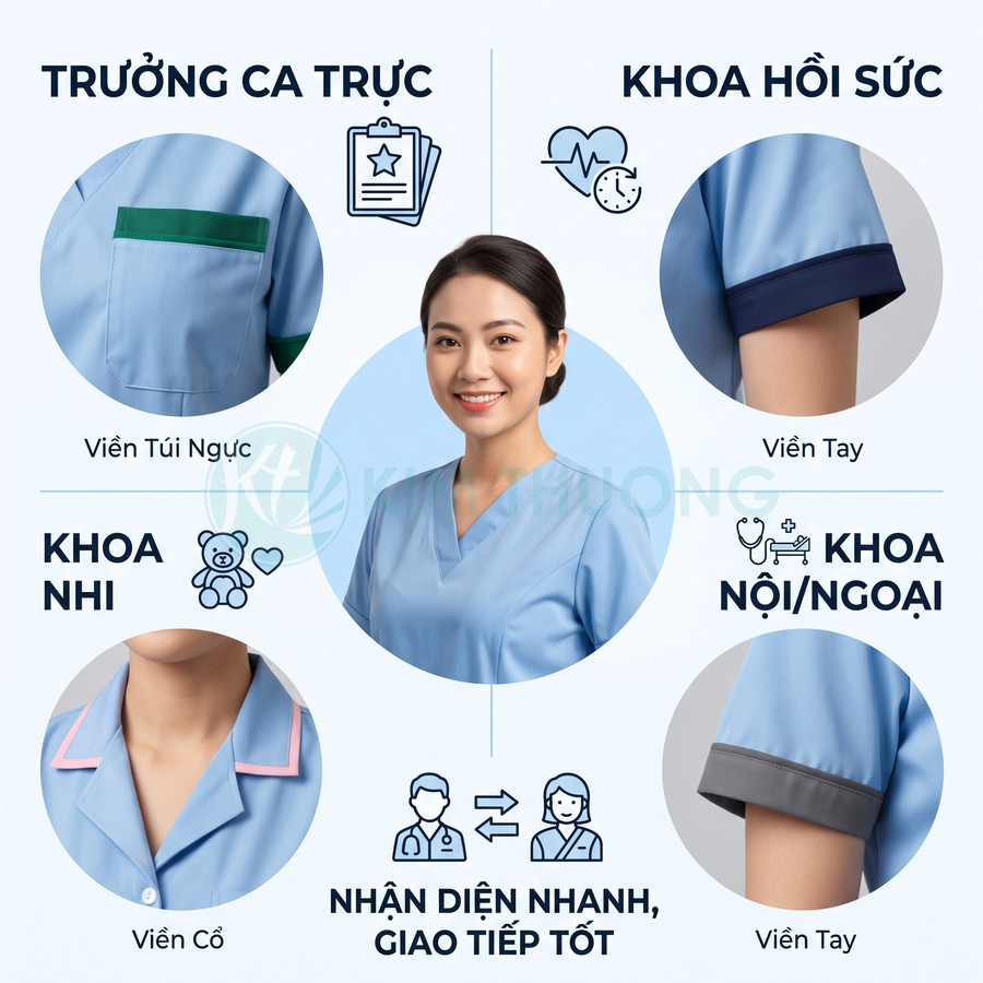 Đồng phục y tá màu xanh dương với viền tay và cổ nhiều màu cho từng khoa trong bệnh viện