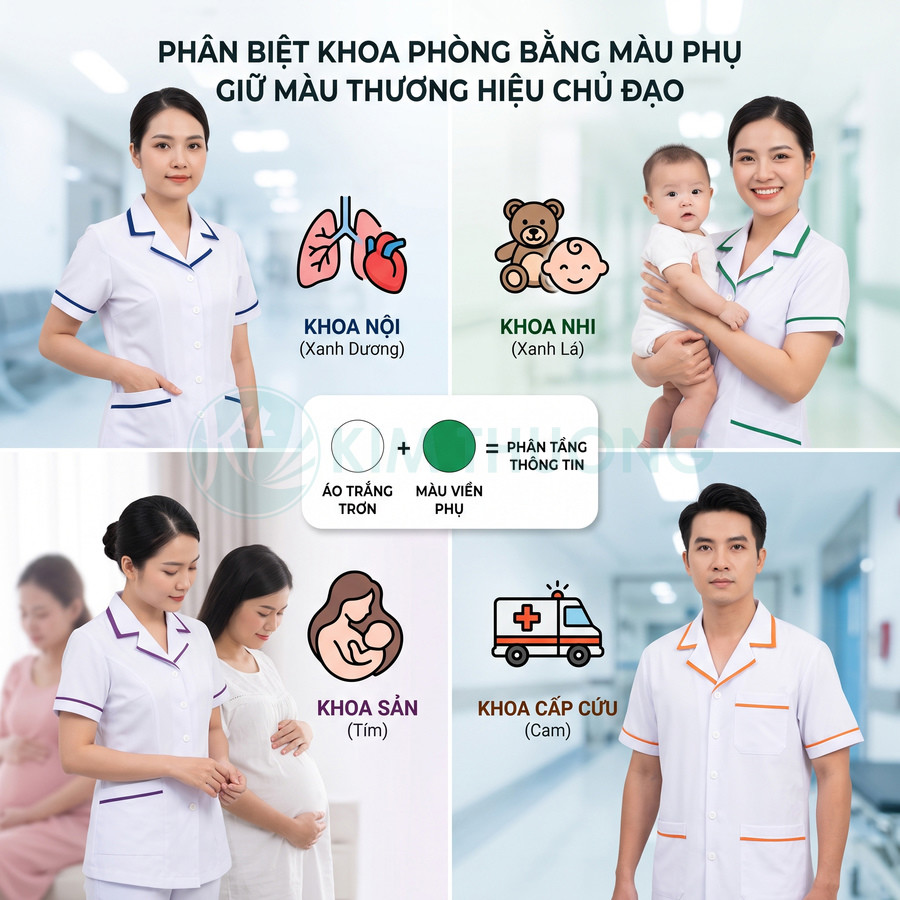Đồng phục y tá bệnh viện với viền màu phân biệt khoa nội, khoa nhi, khoa sản và khoa cấp cứu