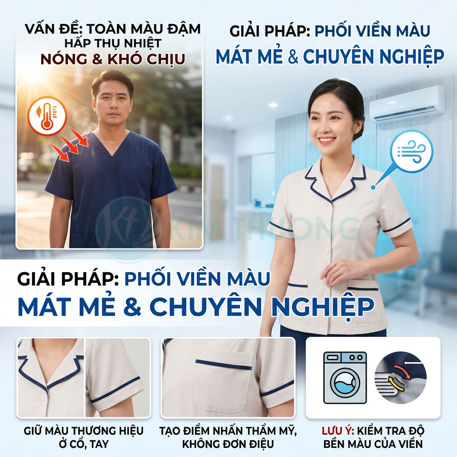 Đồng phục y tá màu kem phối viền xanh navy mát mẻ chuyên nghiệp, nhấn ở cổ tay và túi áo