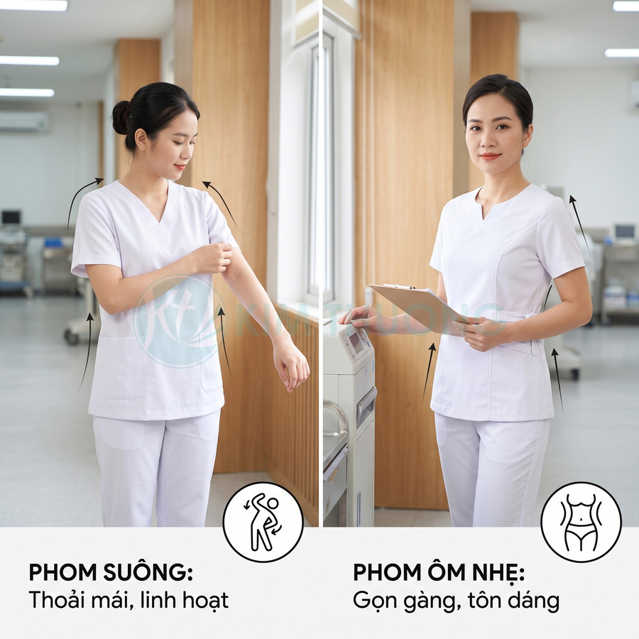 Đồng phục y tá nữ màu trắng phom suông và phom ôm nhẹ, chất liệu thoải mái gọn gàng trong bệnh viện