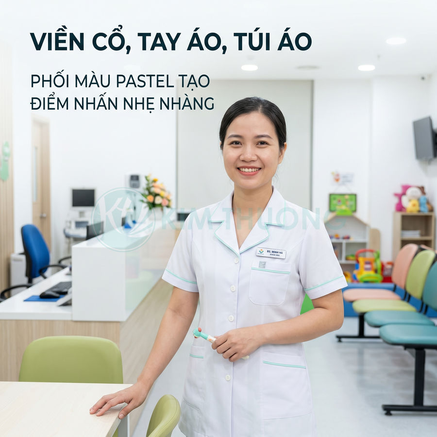 Nữ nhân viên y tế mặc đồng phục blouse trắng viền xanh pastel đứng trong phòng khám hiện đại
