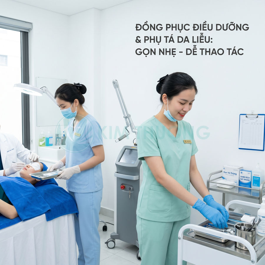 Đồng phục điều dưỡng và phụ tá da liễu màu xanh nhạt gọn gàng trong phòng khám hiện đại