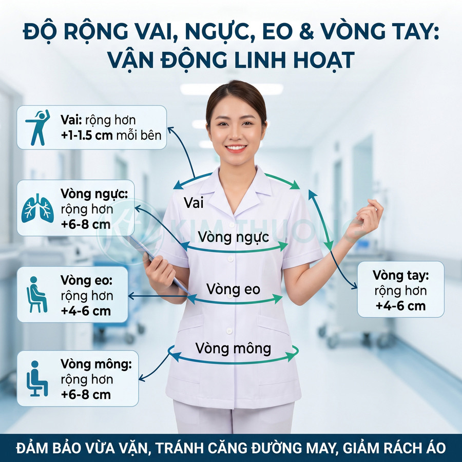 Đồng phục y tá nữ màu trắng form rộng, linh hoạt ở vai ngực eo tay mông giúp vận động thoải mái