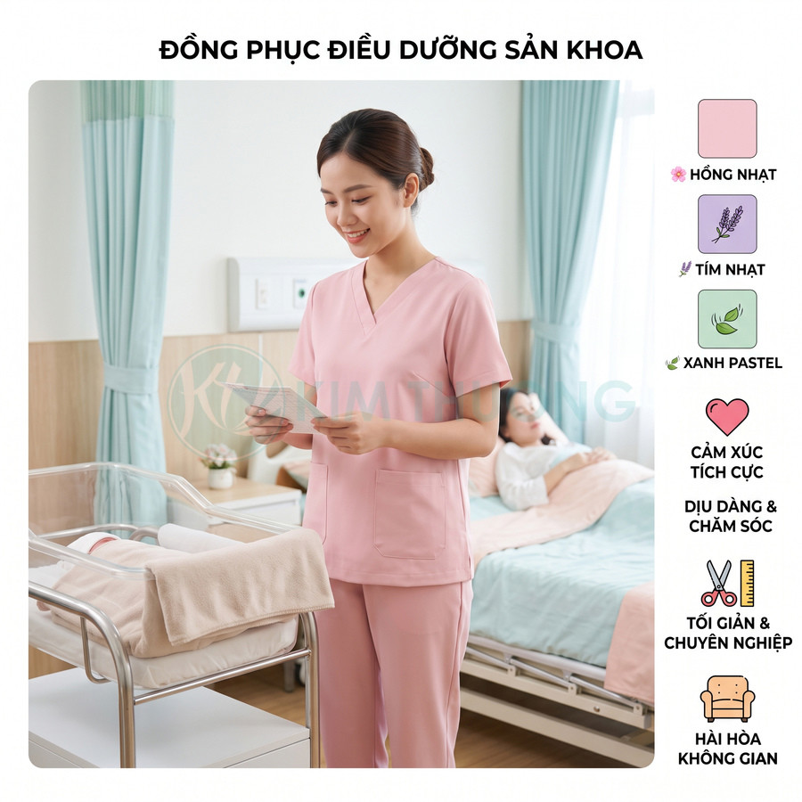 Đồng phục điều dưỡng sản khoa màu hồng nhạt, thiết kế đơn giản chuyên nghiệp trong phòng bệnh viện