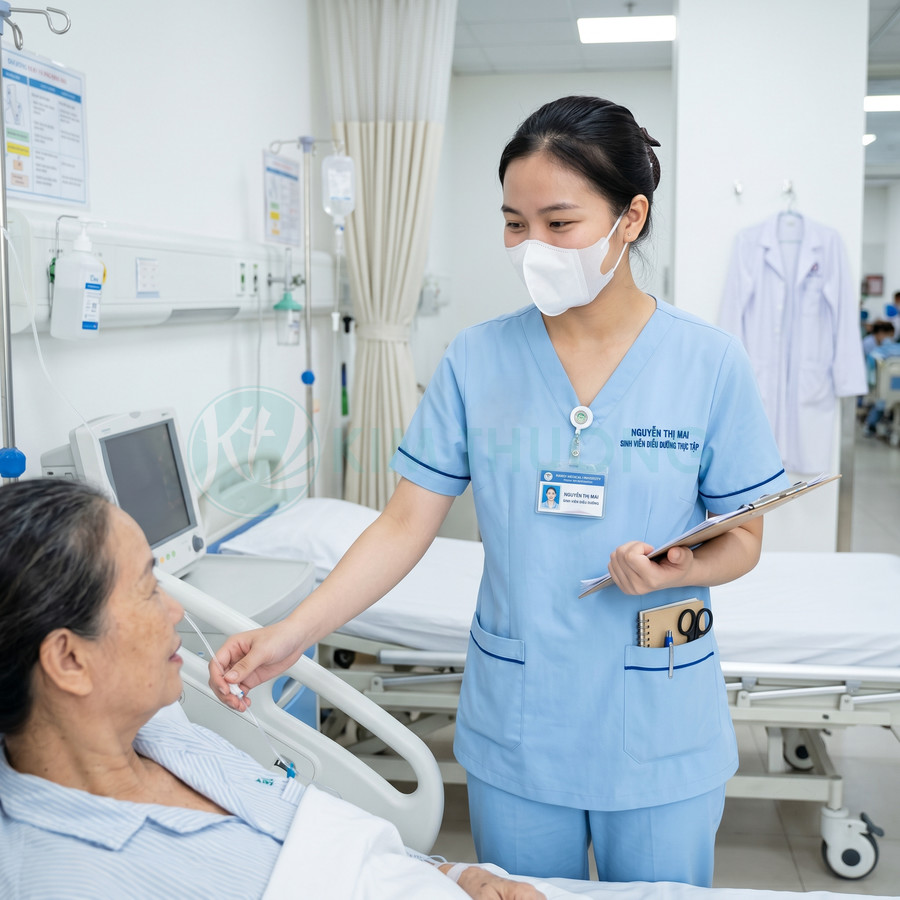 Điều dưỡng viên trẻ đeo khẩu trang chăm sóc bệnh nhân nữ lớn tuổi nằm trên giường bệnh trong phòng bệnh viện