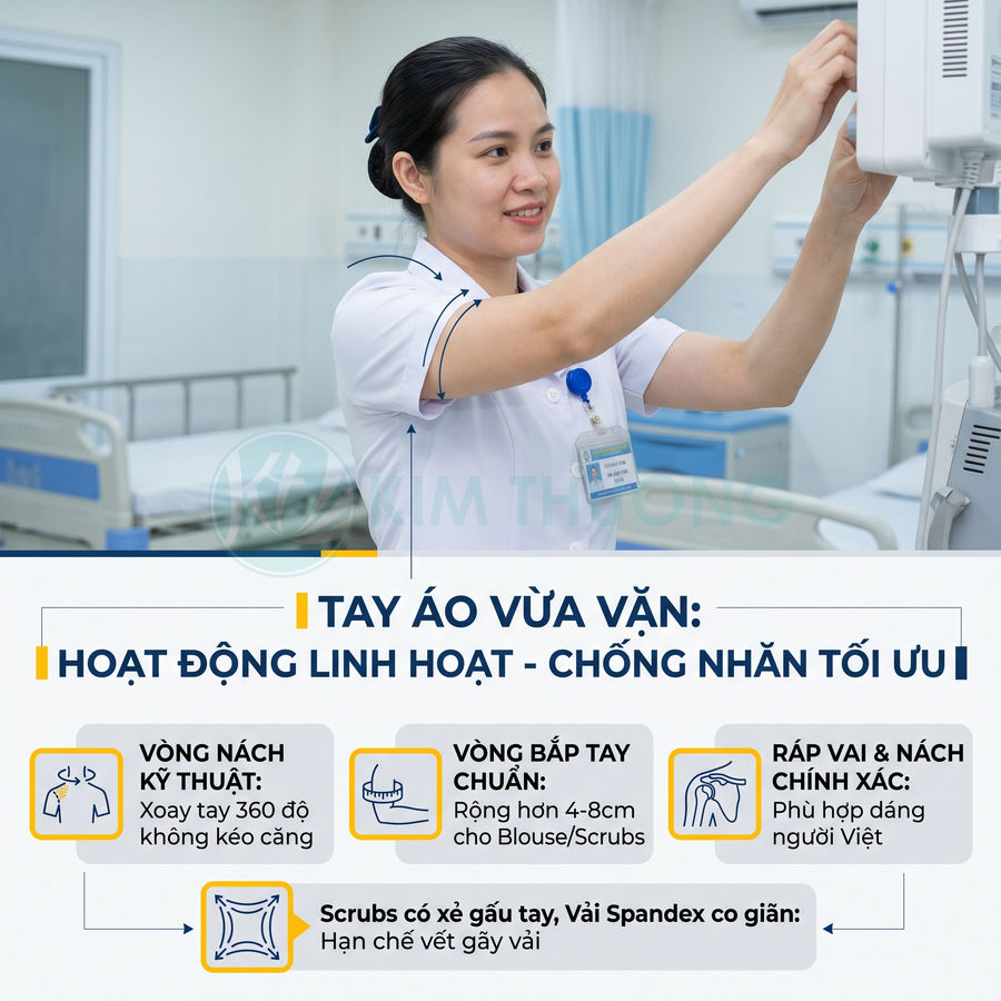 Đồng phục y tá tay áo vừa vặn, vải co giãn giúp cử động linh hoạt và hạn chế nhăn trong môi trường bệnh viện