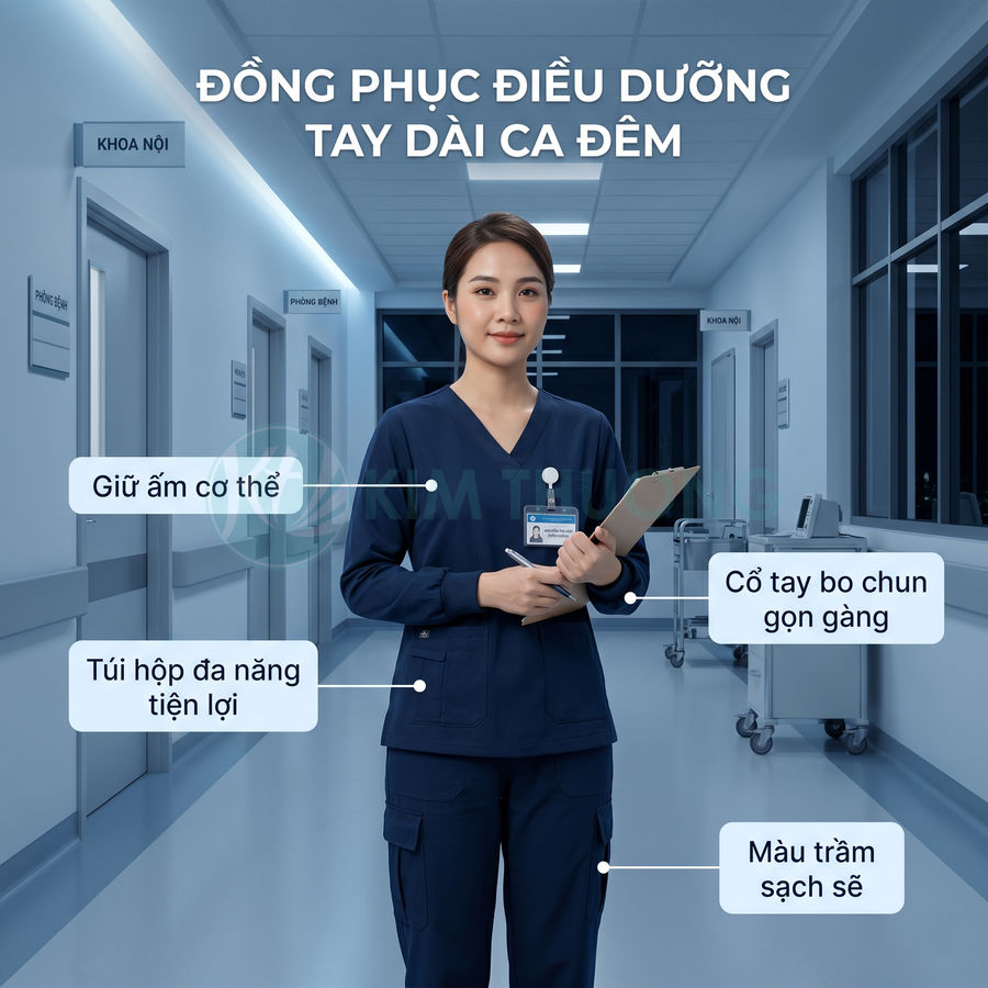 Đồng phục điều dưỡng tay dài màu xanh đậm với nhiều túi tiện lợi trong hành lang bệnh viện sạch sẽ
