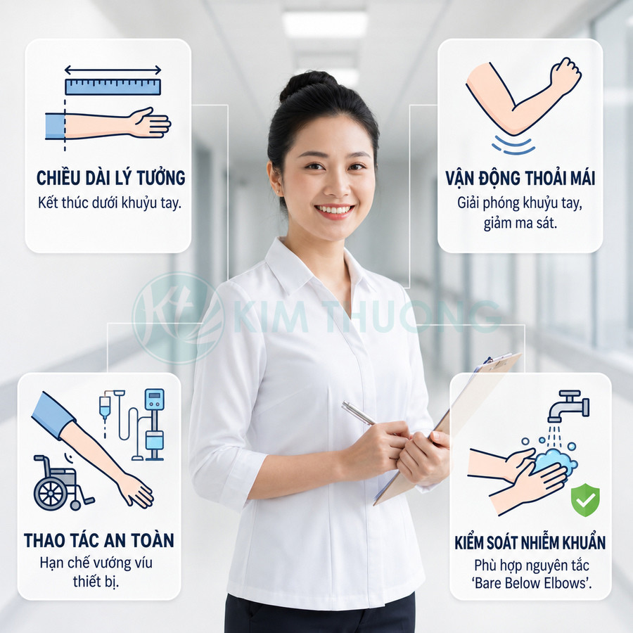 Đồng phục y tá tay lửng màu trắng Kim Thương giúp vận động thoải mái và kiểm soát nhiễm khuẩn