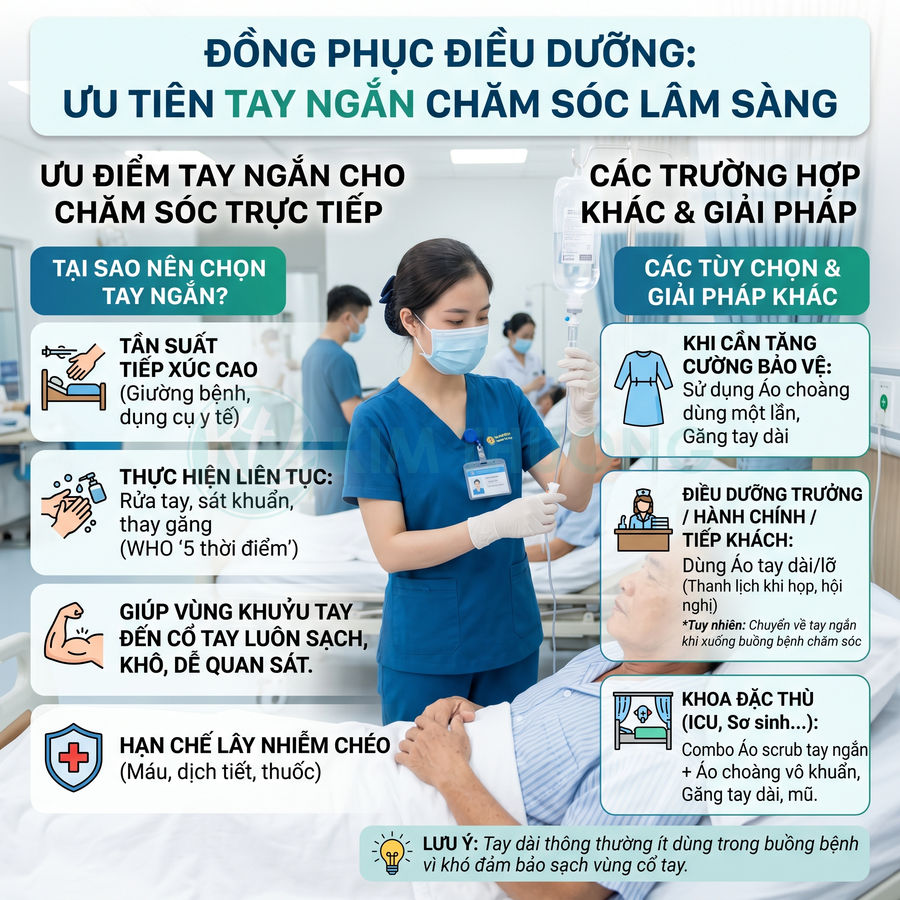 Nữ điều dưỡng mặc đồng phục tay ngắn màu xanh chăm sóc bệnh nhân trên giường bệnh trong phòng bệnh viện
