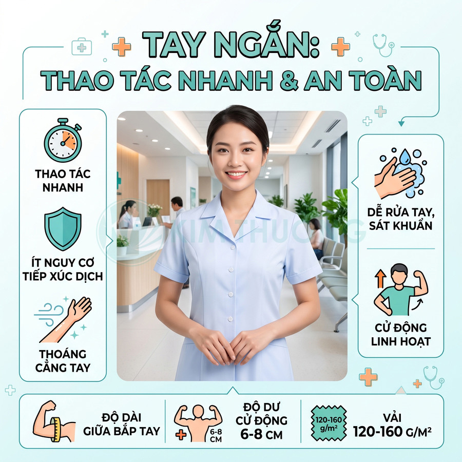 Đồng phục y tá tay ngắn màu xanh nhạt cho thao tác nhanh, thoáng tay, dễ rửa tay sát khuẩn