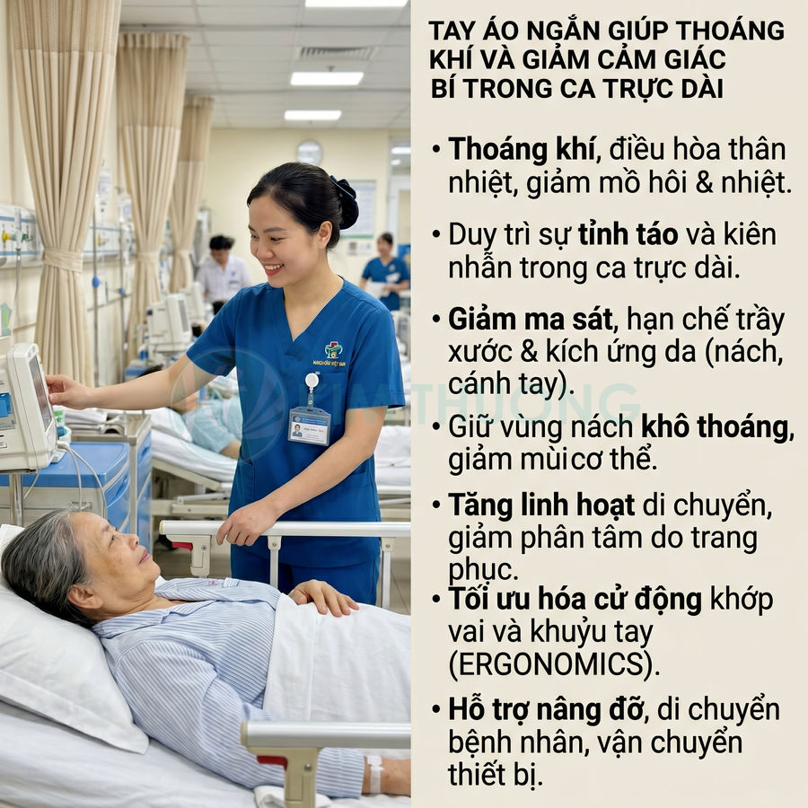 Đồng phục y tá tay áo ngắn màu xanh dương thoáng khí, hỗ trợ chăm sóc bệnh nhân trong phòng bệnh viện