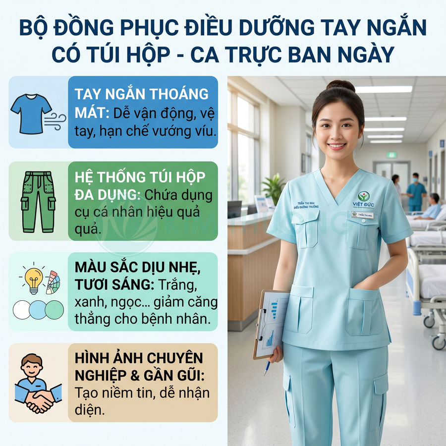 Bộ đồng phục điều dưỡng tay ngắn màu xanh ngọc có nhiều túi hộp, nữ y tá đứng trong hành lang bệnh viện