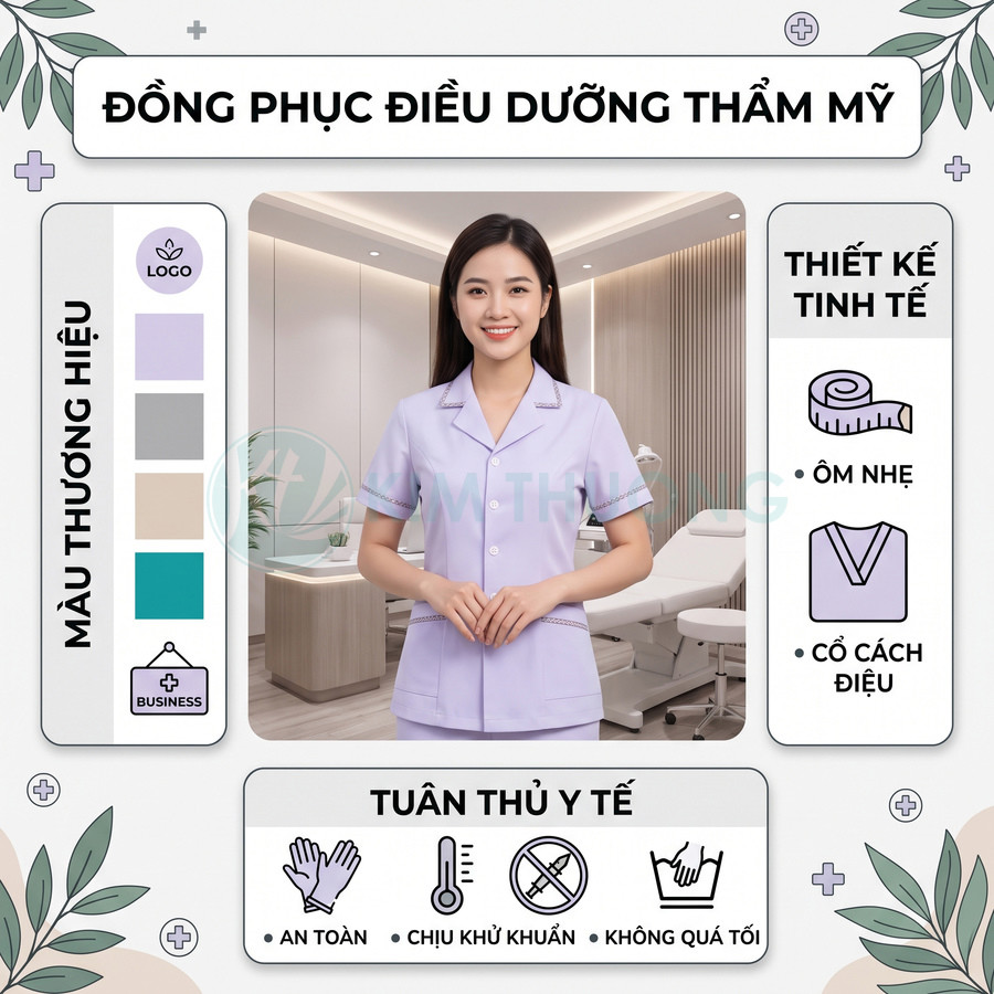 Đồng phục điều dưỡng thẩm mỹ màu tím nhạt thiết kế cổ ve, dáng ôm nhẹ, phù hợp spa và phòng khám