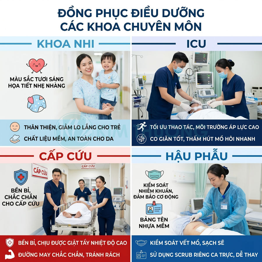 Đồng phục điều dưỡng cho khoa nhi, ICU, cấp cứu và hậu phẫu với thiết kế chuyên biệt theo từng khu chuyên môn