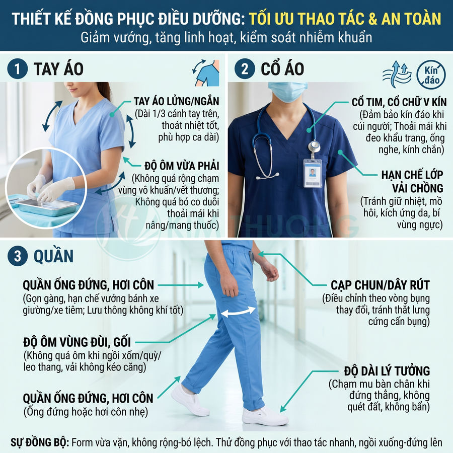 Đồng phục điều dưỡng màu xanh dương tay ngắn cổ kín, quần ống đứng hơi côn, giày trắng trong bệnh viện