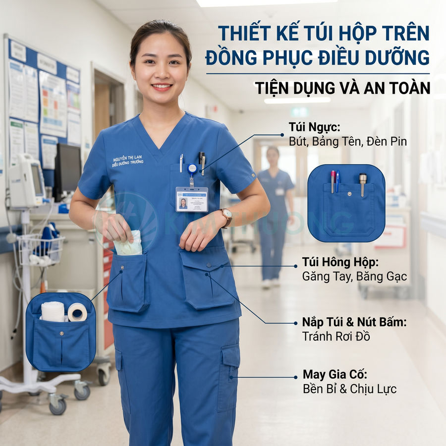 Đồng phục điều dưỡng màu xanh thiết kế nhiều túi hộp tiện dụng đựng bút, găng tay, băng gạc trong bệnh viện