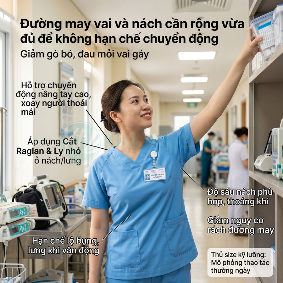 Đồng phục y tá màu xanh thiết kế rộng rãi, thoáng khí, hỗ trợ vận động tay và vai linh hoạt trong bệnh viện