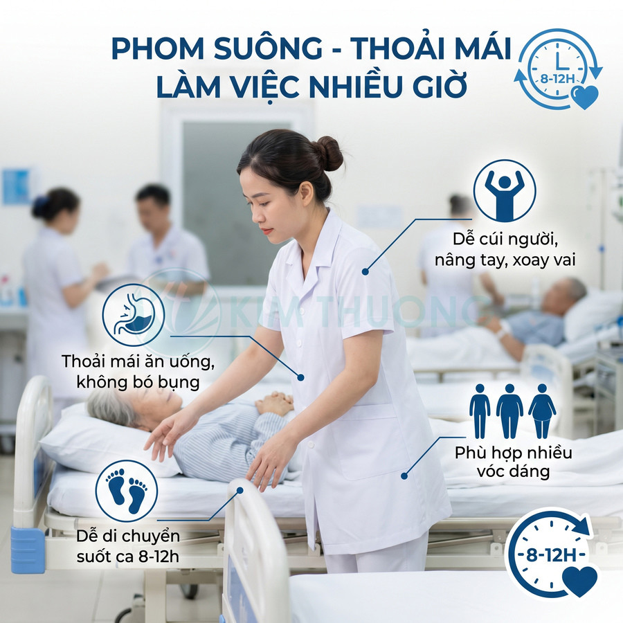 Đồng phục y tá phom suông màu trắng giúp thoải mái làm việc nhiều giờ trong bệnh viện