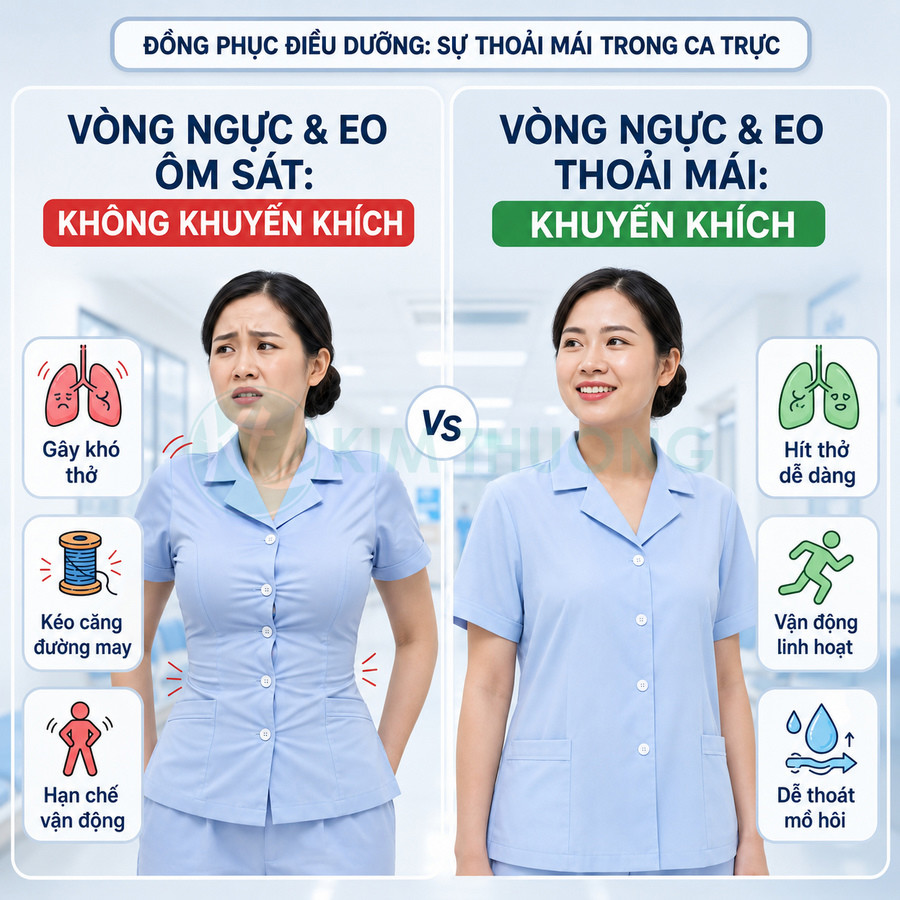 So sánh đồng phục điều dưỡng ôm sát và đồng phục điều dưỡng rộng thoải mái giúp dễ thở và vận động linh hoạt