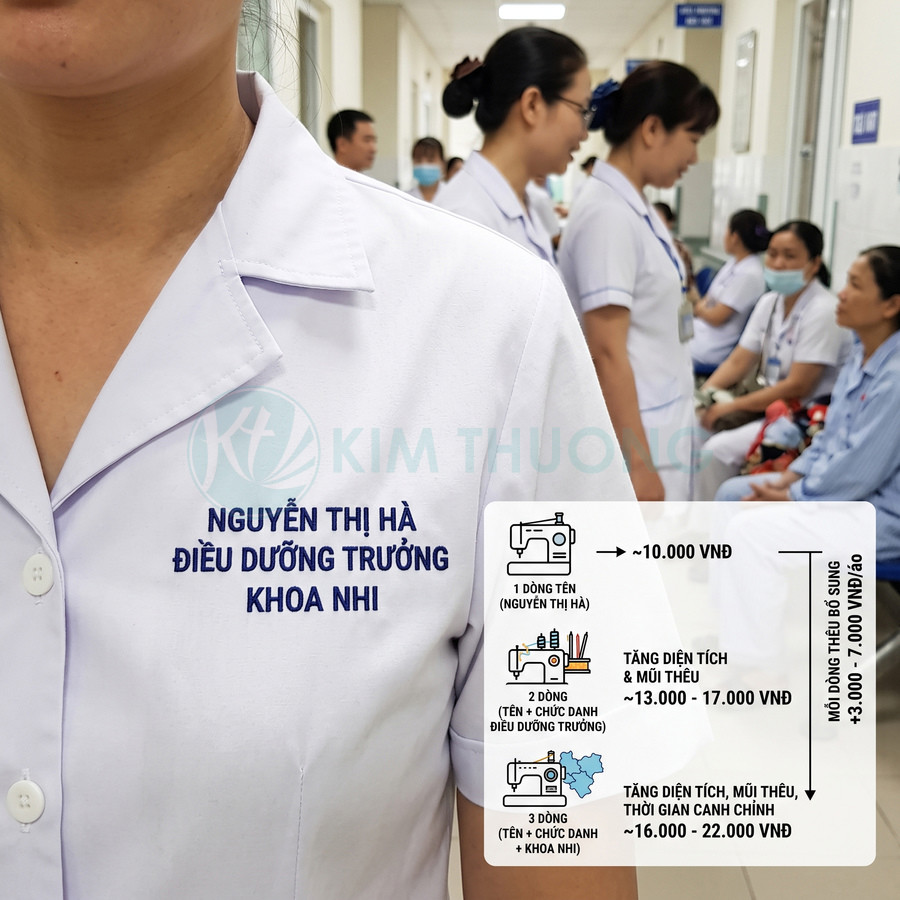 Đồng phục y tá khoa Nhi thêu tên Nguyễn Thị Hà và chức danh điều dưỡng trưởng màu xanh navy