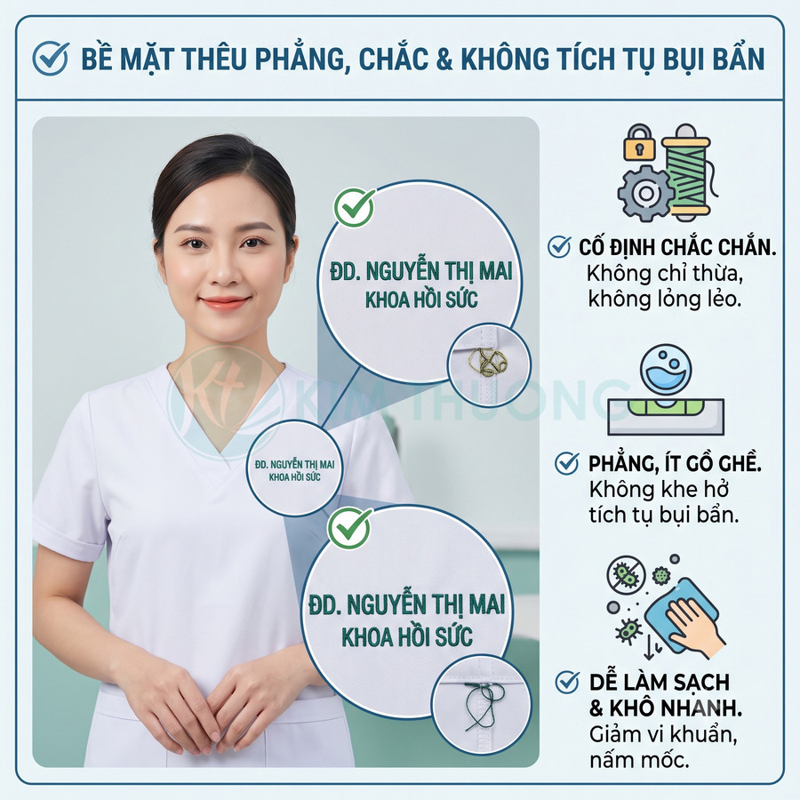 Đồng phục y tá nữ màu trắng bề mặt thêu phẳng chắc chắn, dễ làm sạch và không tích tụ bụi bẩn