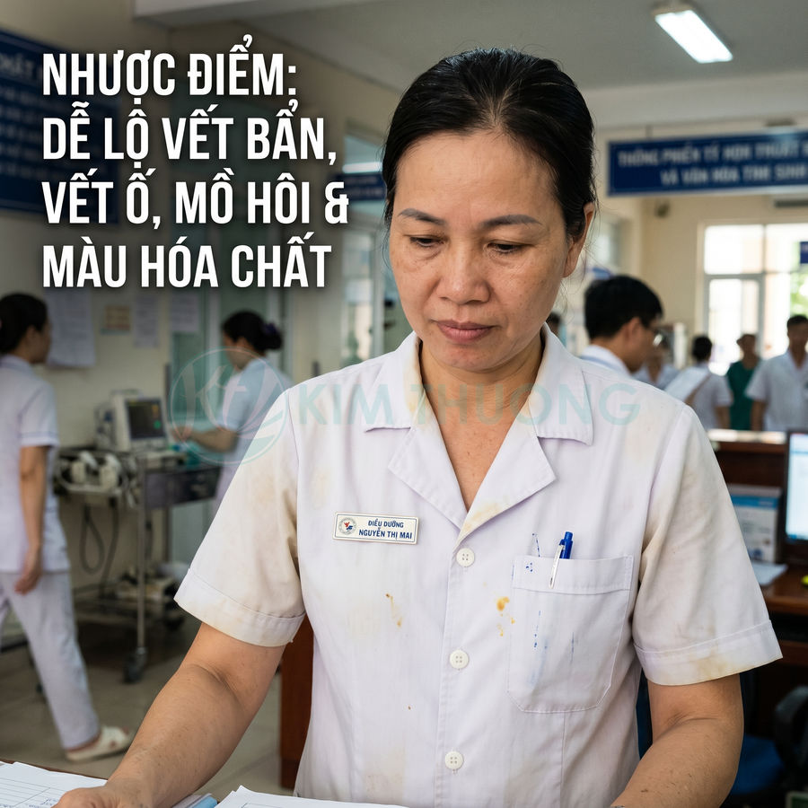 Điều dưỡng mặc áo blouse trắng bị dính vết bẩn và ố màu khi làm việc trong bệnh viện