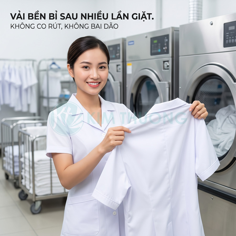 Nhân viên giặt là cầm áo blouse trắng vải bền đẹp không co rút sau nhiều lần giặt trong tiệm giặt ủi