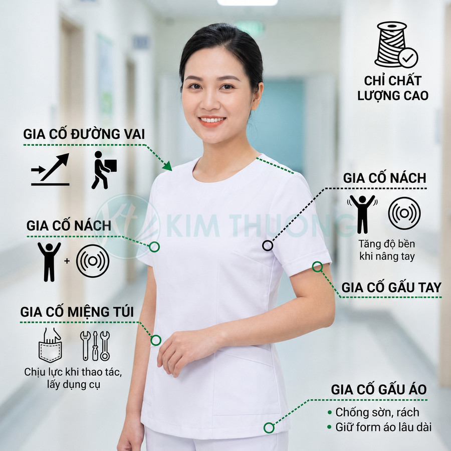 Đồng phục y tá màu trắng Kim Thương chất liệu bền đẹp, gia cố vai nách gấu tay và túi tiện dụng