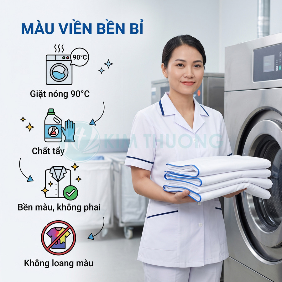 Đồng phục y tá viền xanh bền màu, không phai khi giặt nóng 90 độ và dùng chất tẩy
