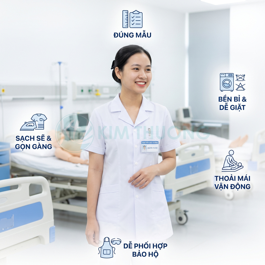 Đồng phục y tá nữ màu trắng sạch sẽ gọn gàng trong phòng bệnh viện hiện đại