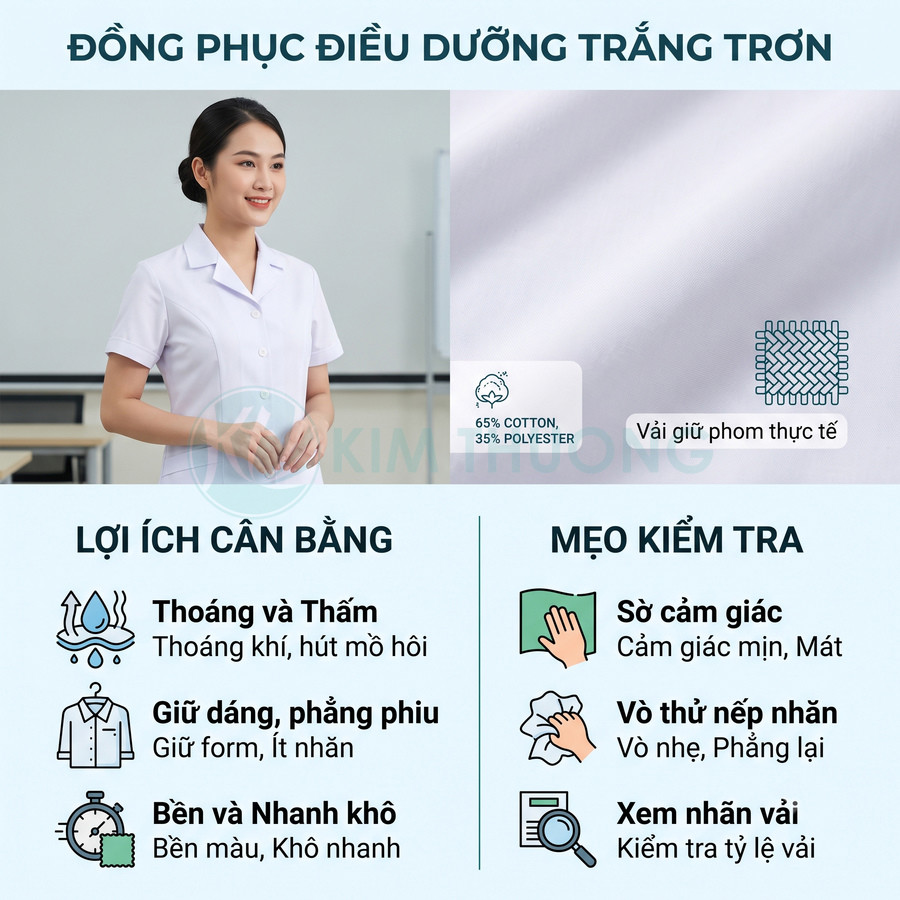 Đồng phục điều dưỡng nữ màu trắng trơn, chất liệu 65 cotton 35 polyester, giữ form phẳng phiu