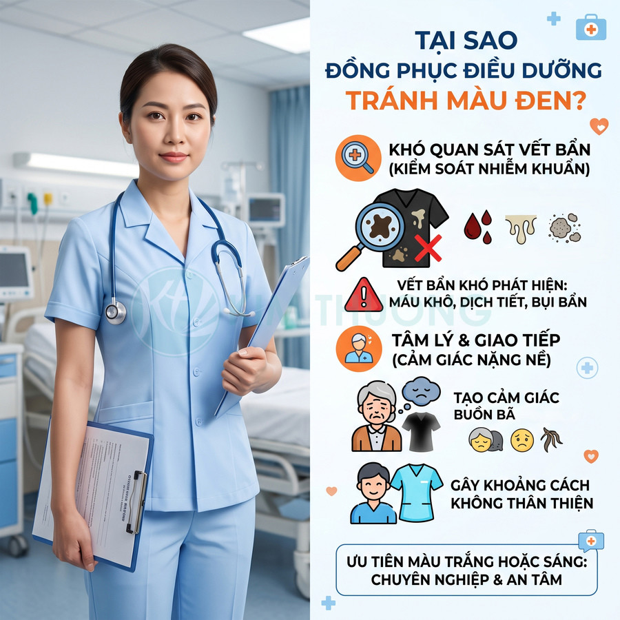 Nữ điều dưỡng mặc đồng phục màu xanh nhạt cầm hồ sơ đứng trong phòng bệnh, infographic giải thích lý do tránh đồng phục màu đen