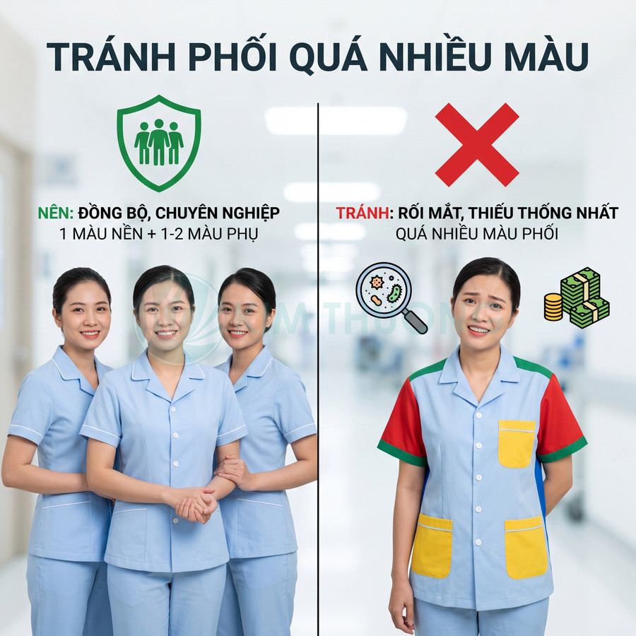 So sánh đồng phục y tá màu xanh nhạt đồng bộ với mẫu đồng phục phối quá nhiều màu sắc
