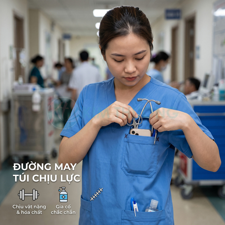 Đồng phục y tá màu xanh với túi áo chịu lực đựng điện thoại, ống nghe và bút trong bệnh viện