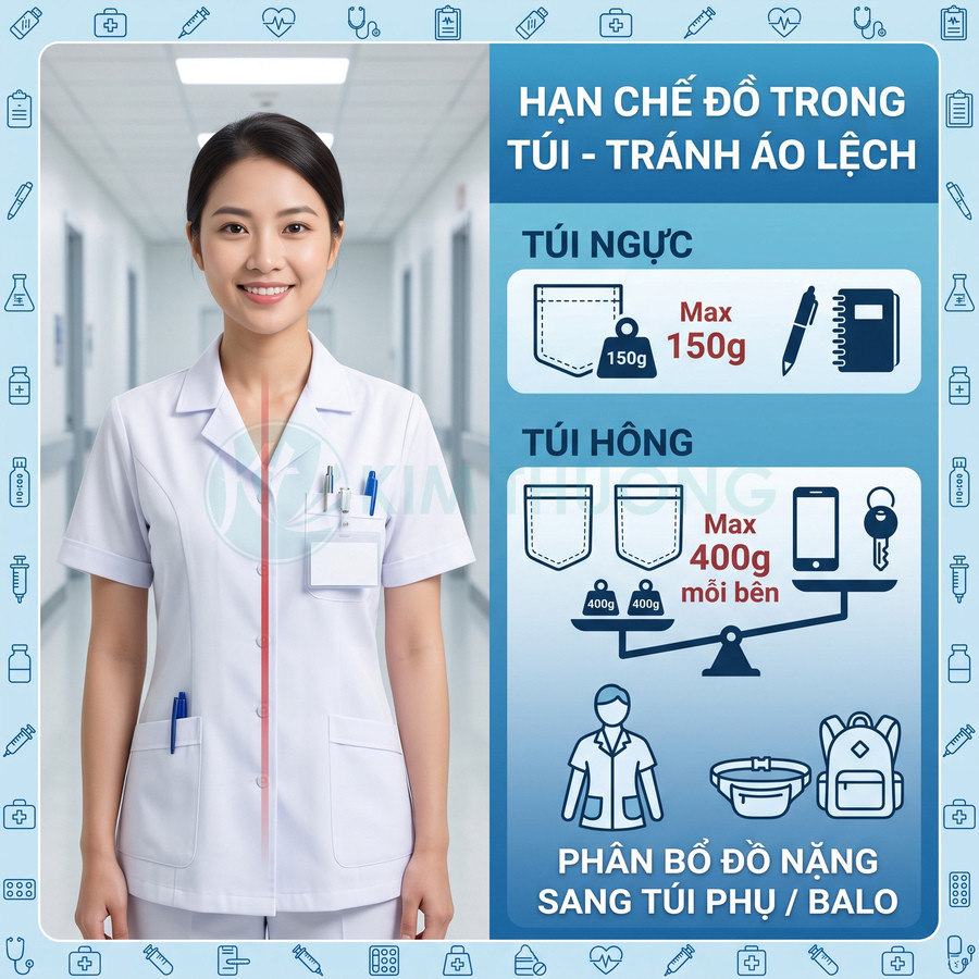 Đồng phục y tá trắng với nhiều túi, hướng dẫn giới hạn trọng lượng đồ trong túi áo để tránh áo lệch