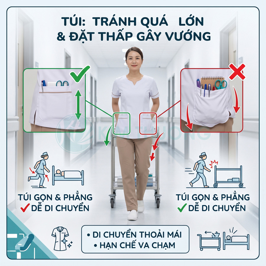Đồng phục y tá túi nhỏ gọn phẳng giúp di chuyển đẩy xe y tế dễ dàng và hạn chế va chạm trong hành lang bệnh viện