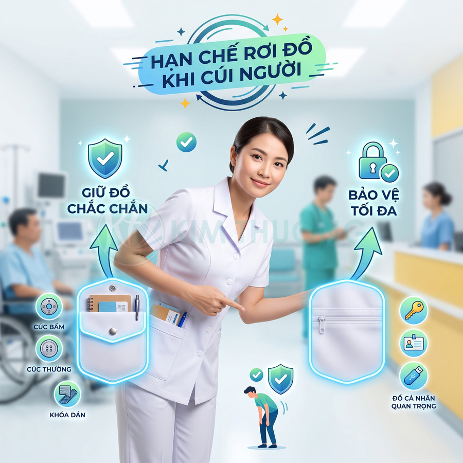 Đồng phục y tá túi áo có nút bấm và khóa kéo, giữ đồ dùng và vật dụng cá nhân chắc chắn trong bệnh viện
