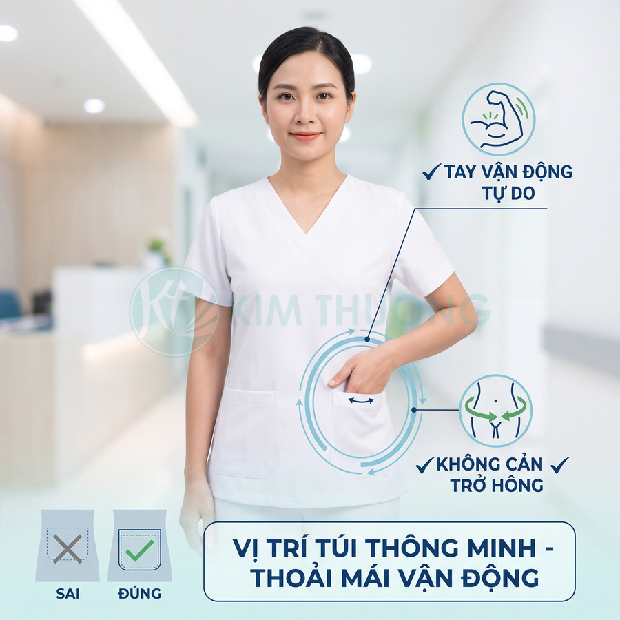 Đồng phục y tá trắng túi may thông minh giúp tay vận động tự do, thoải mái khi làm việc
