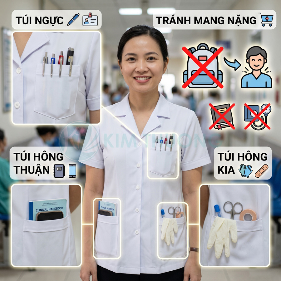 Đồng phục y tá nữ màu trắng với nhiều túi đựng bút, sổ tay, kéo, găng tay và dụng cụ y tế