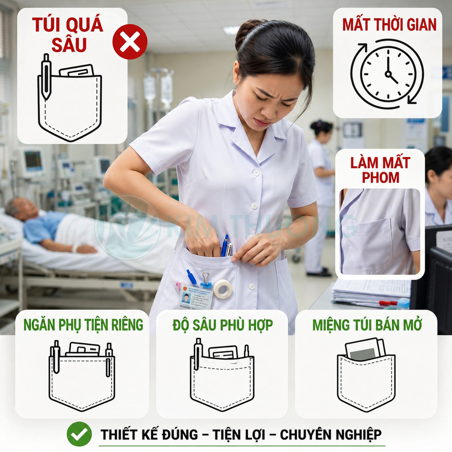 Đồng phục y tá với thiết kế túi áo tiện lợi, nhiều ngăn nhỏ giúp cất bút và dụng cụ gọn gàng trong bệnh viện
