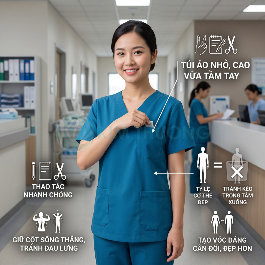 Đồng phục y tá màu xanh dương với nhiều túi tiện dụng giúp thao tác nhanh trong bệnh viện