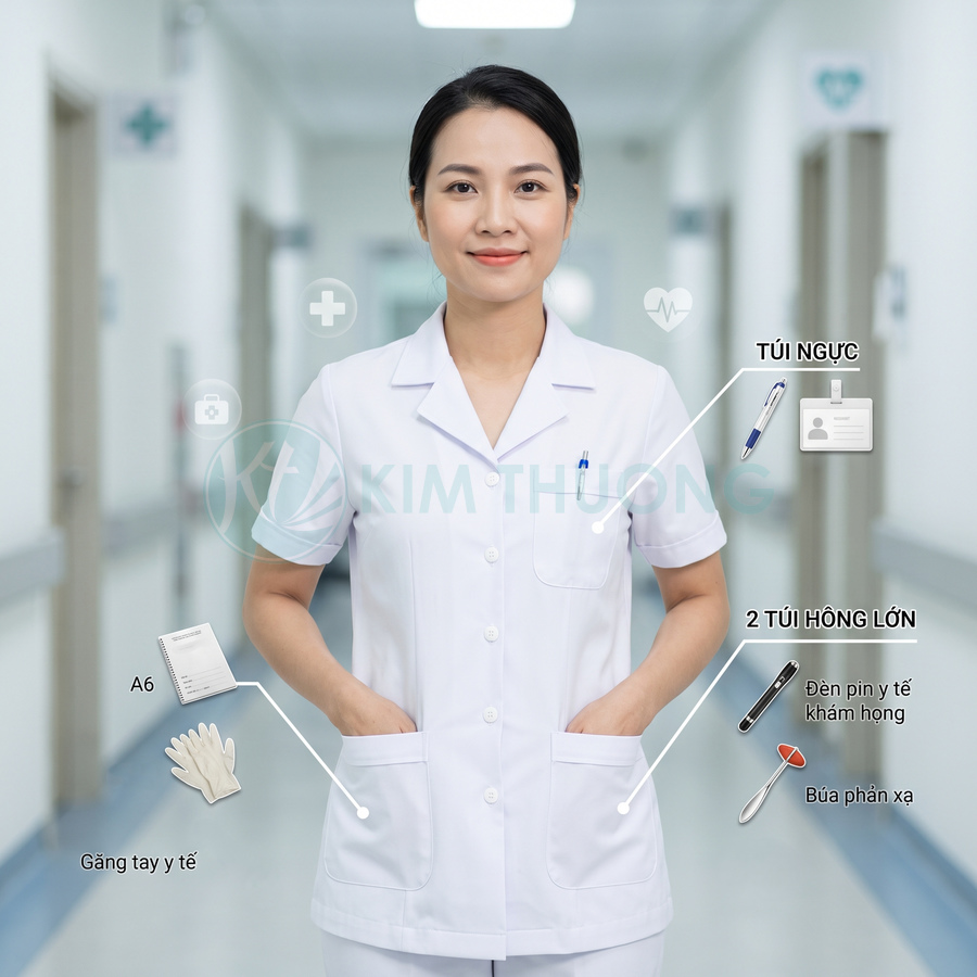Đồng phục y tá màu trắng với nhiều túi đựng bút, sổ tay, găng tay y tế và dụng cụ khám bệnh
