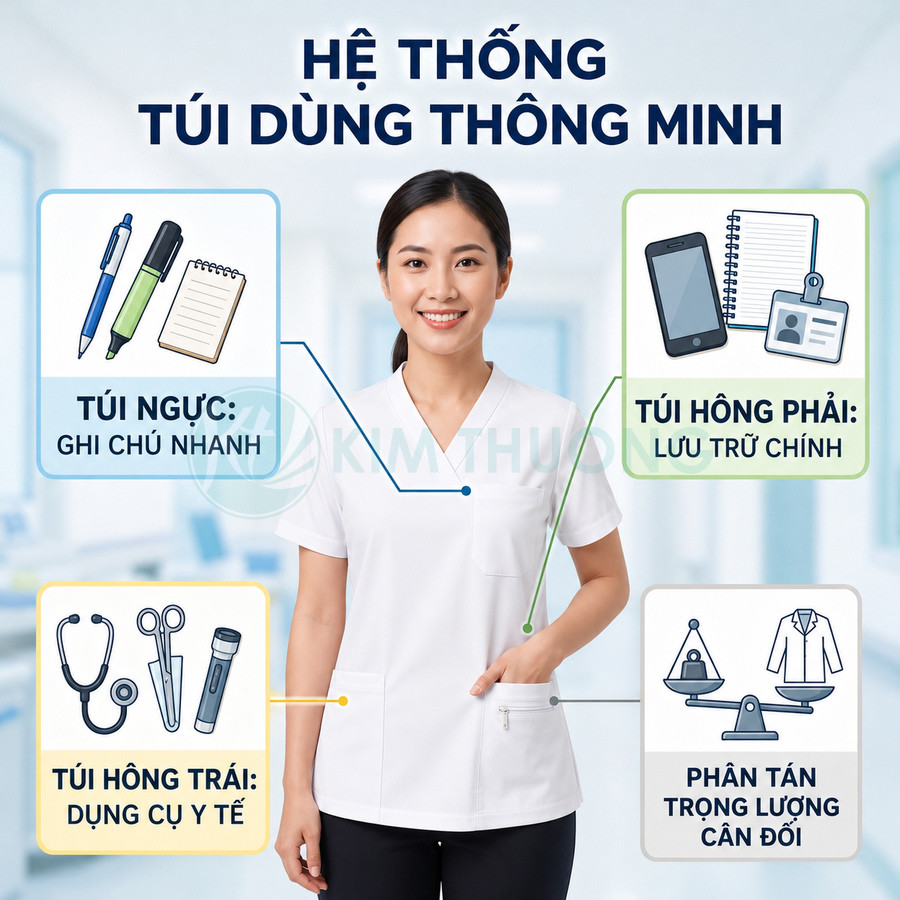 Đồng phục y tá nữ màu trắng với hệ thống túi thông minh ở ngực và hai bên hông