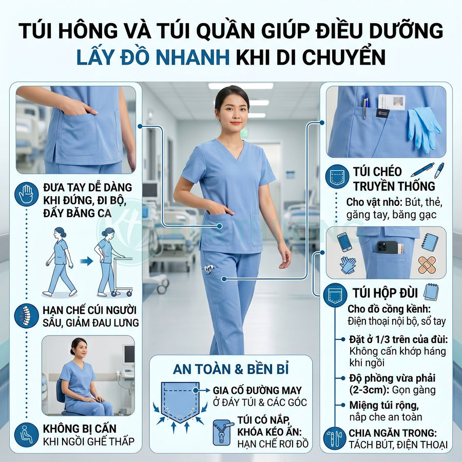 Đồng phục điều dưỡng màu xanh có nhiều túi tiện dụng đựng bút, găng tay, điện thoại khi làm việc trong bệnh viện