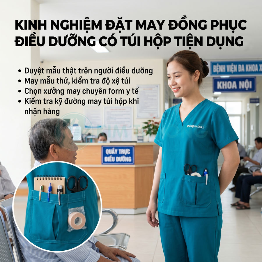 Đồng phục điều dưỡng màu xanh có túi hộp tiện dụng đựng kéo, bút, sổ tay trong bệnh viện